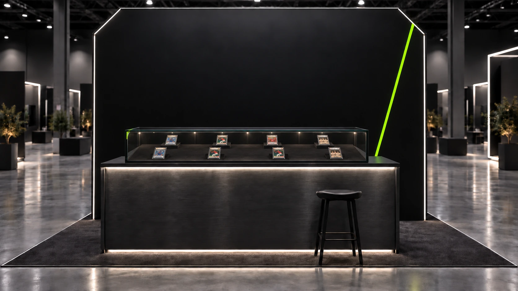 Illustrative GoPull booth concept with realistically sized card slabs in a low black-framed glass display case.