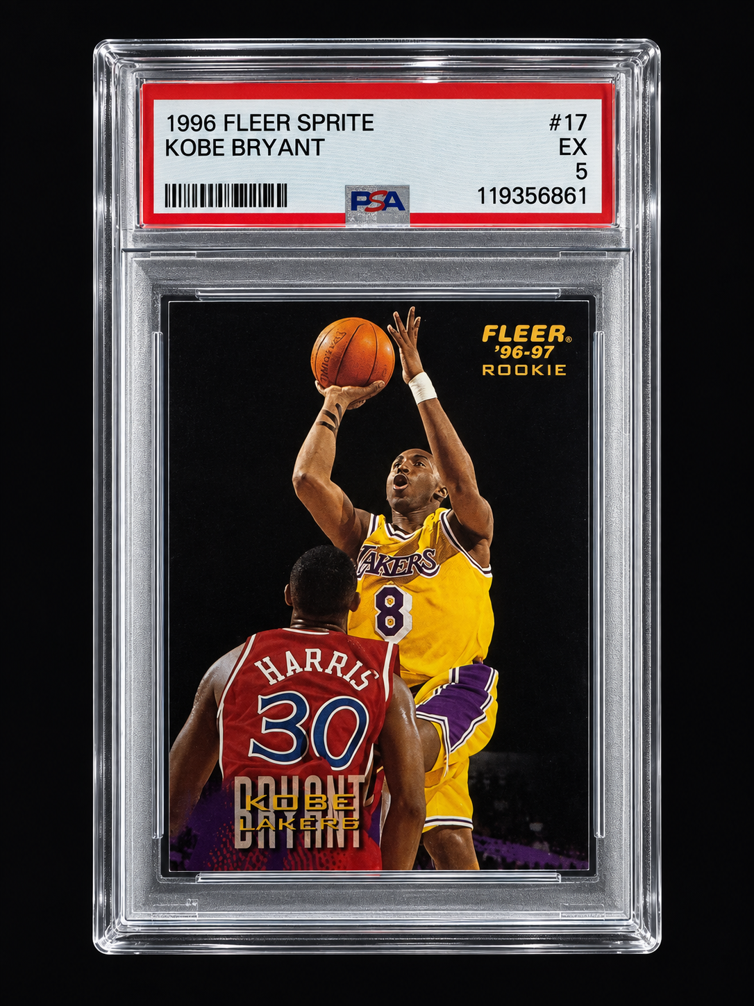 Editorial artwork of a Kobe Bryant Fleer Sprite card in a clear graded-card case.