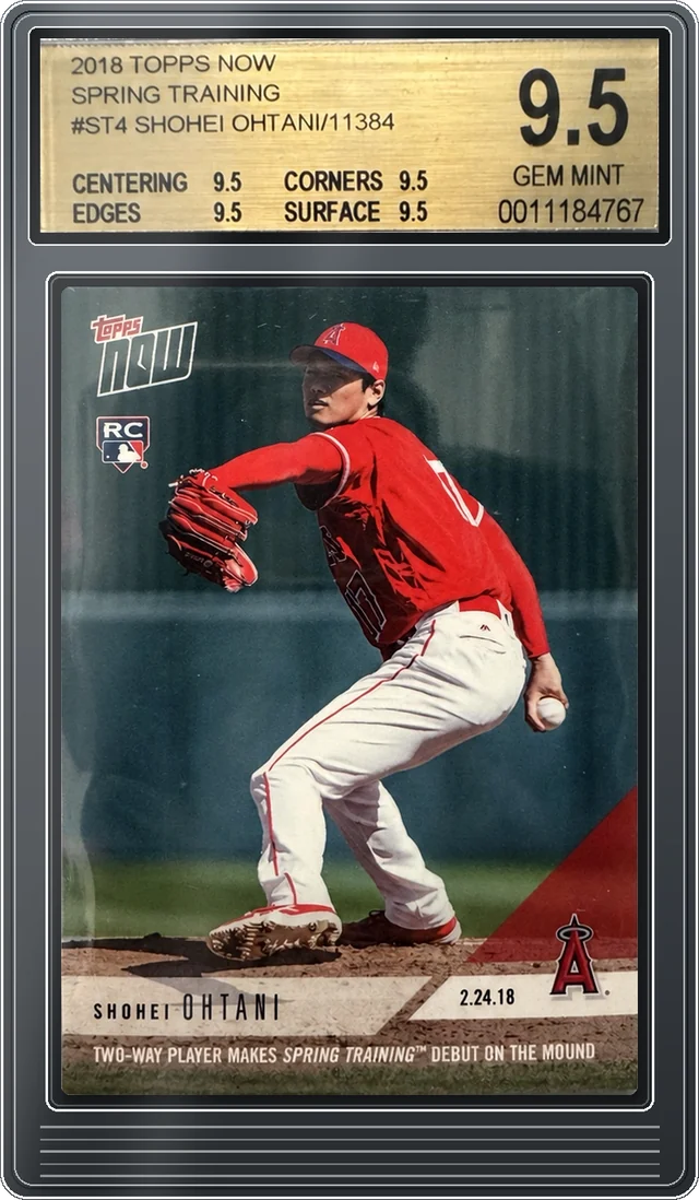 A 2018 Topps Now Shohei Ohtani card in a clear graded-card case.