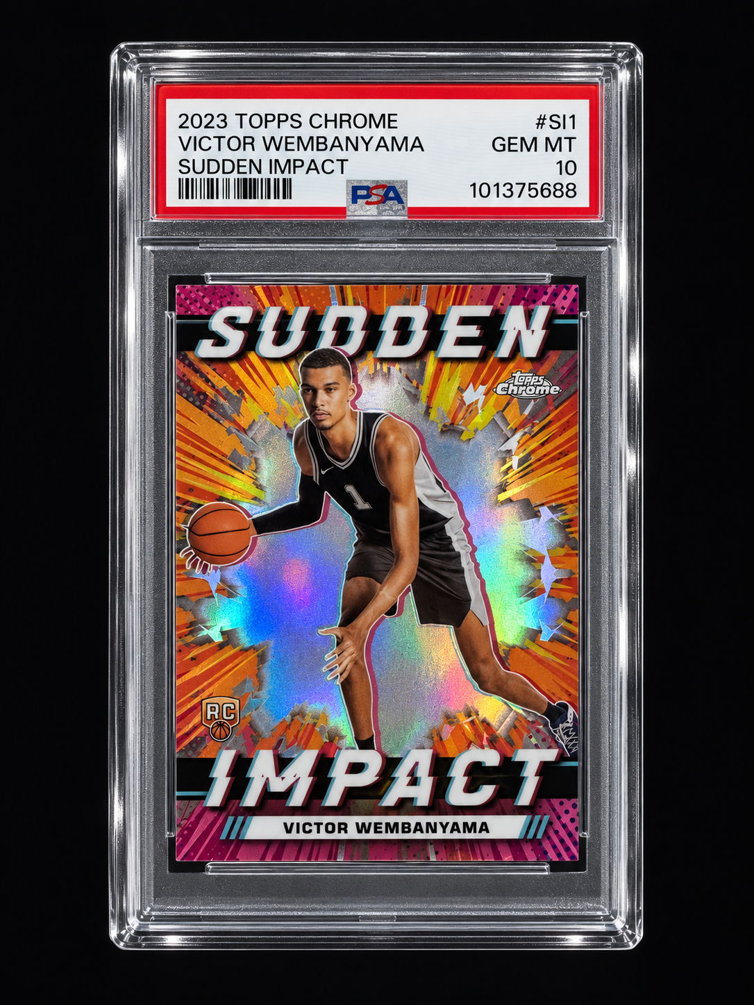 Editorial artwork of a Victor Wembanyama Sudden Impact card in a clear graded-card case.