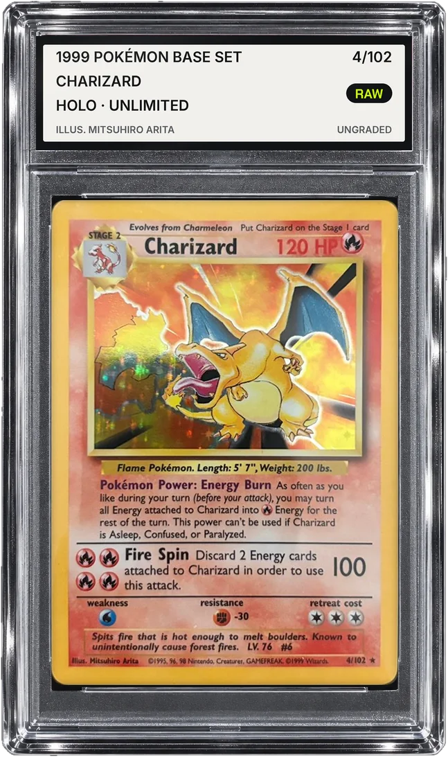 A 1999 Pokémon Base Set Charizard holo card in a clear case. Its label reads raw, ungraded.
