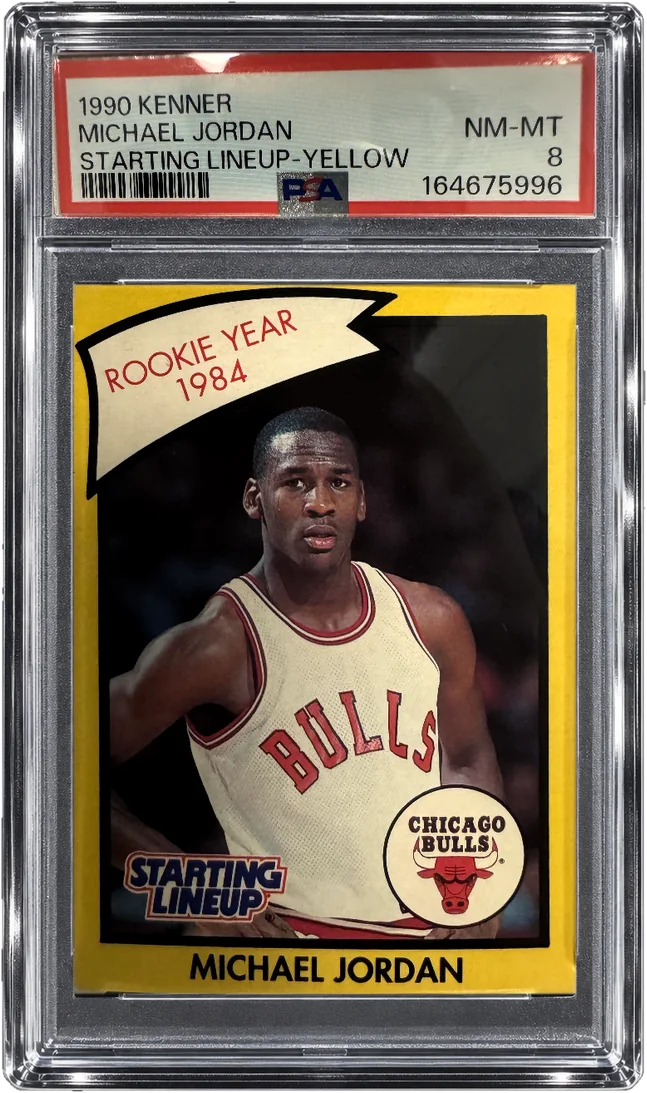 A 1990 Kenner Starting Lineup Michael Jordan card in a clear PSA case, graded NM-MT 8.