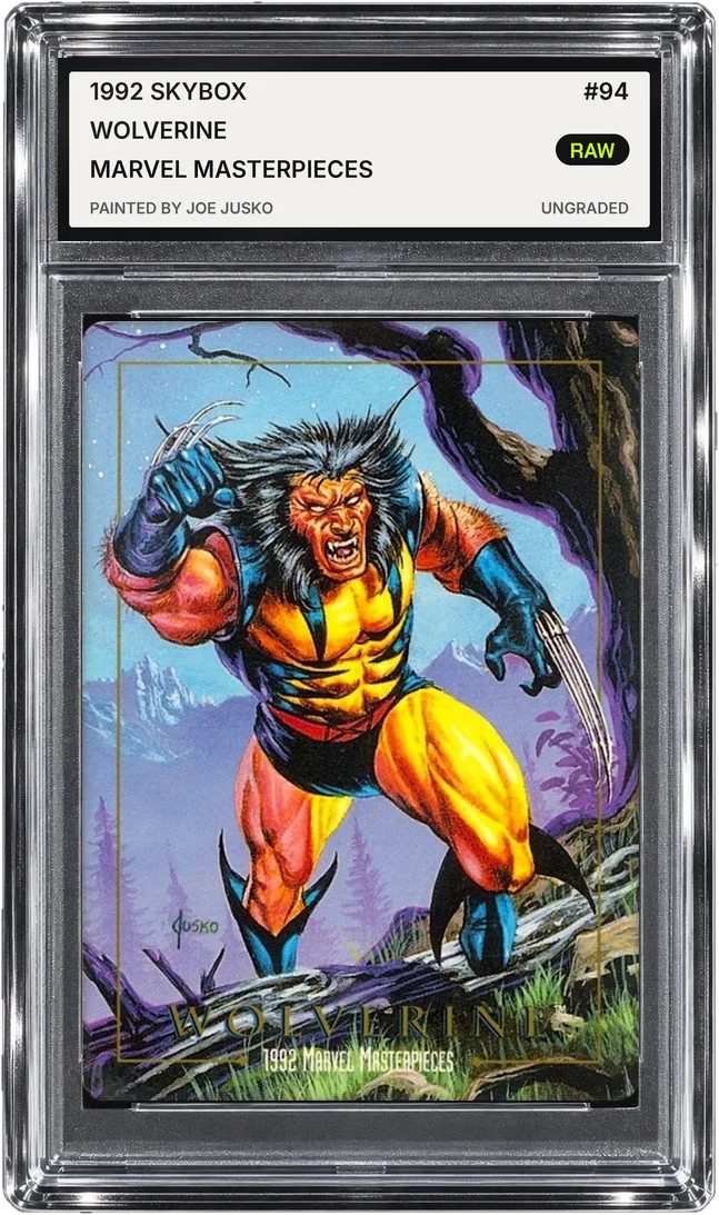 A 1992 SkyBox Marvel Masterpieces Wolverine card, painted by Joe Jusko, in a clear case. Its label reads raw, ungraded.